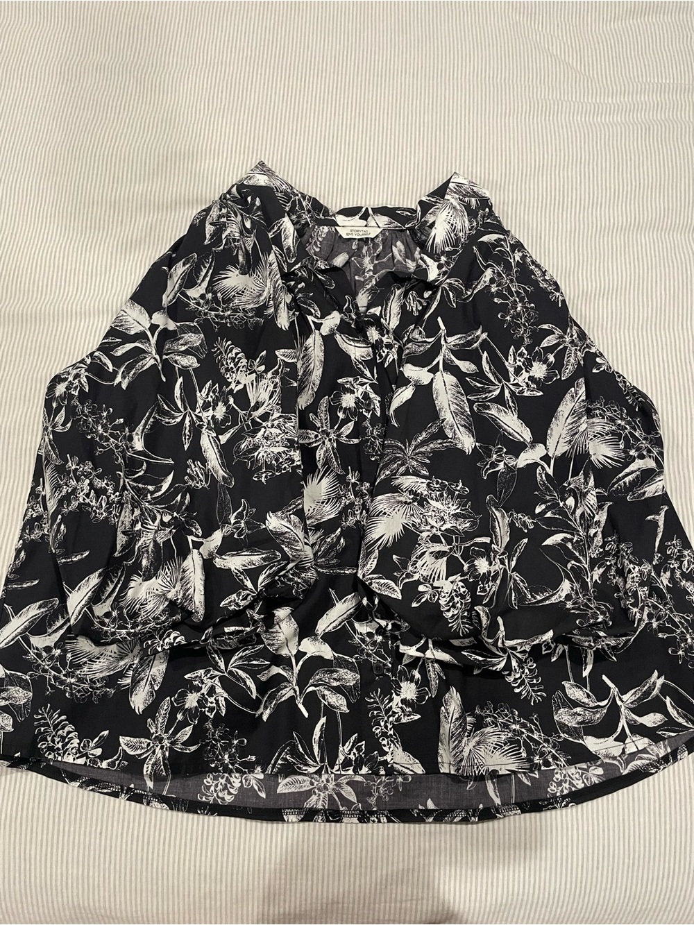 Black Floral Button-Front Blouse with Ruffle Neckline